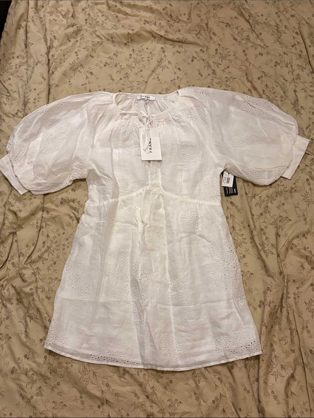FRAME Ramie Eyelet Puff Sleeve Mini Dress